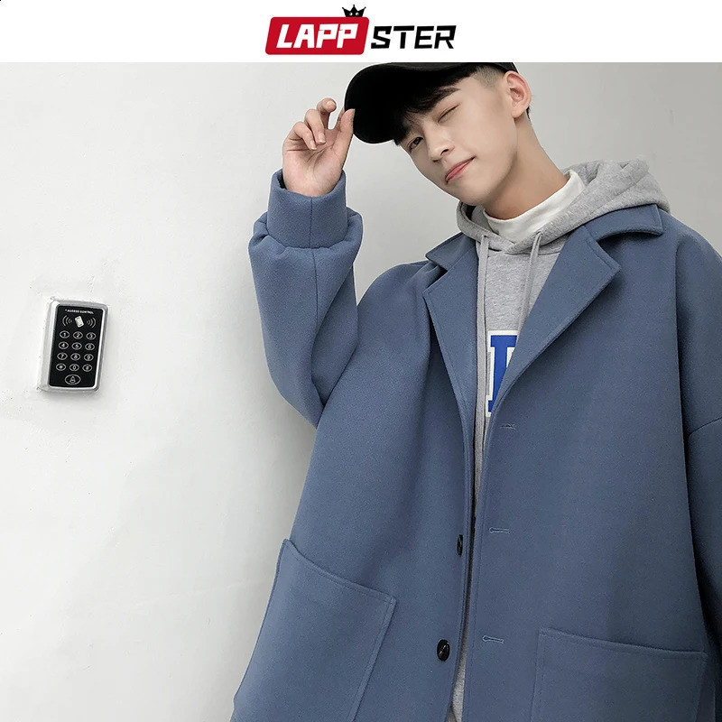 LAPPSTER oversized mens solid Korean winter coat wool coat mens black Harajuku trench coat flannel button jacket and coat 240924