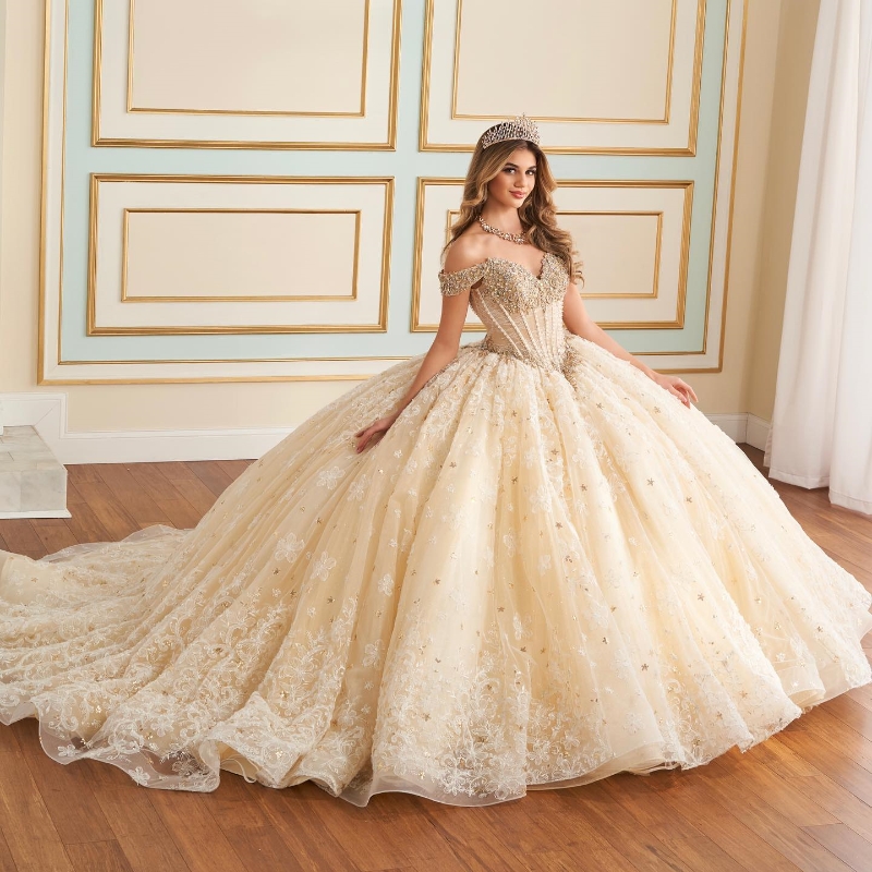 Champagne Sweetheart Quinceanera Dresses Party Gown Off The Shoulder Applique Lace Beads Crystal Tull Princess Sweet 16 Dress Vestidos 15 De Anos