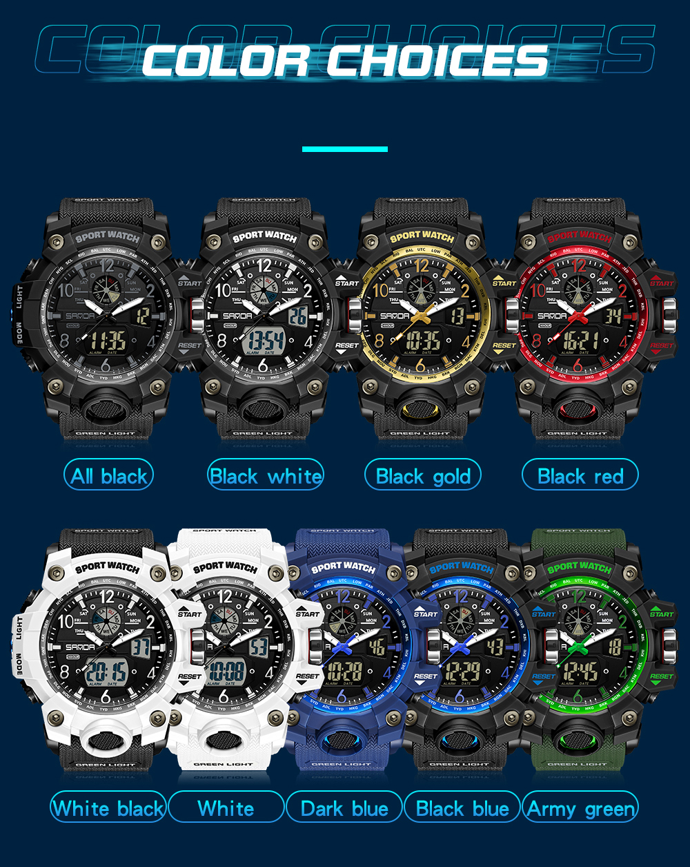 SANDA 3169 New Fashionable Casual Watch for Men, Digital Dual Time Zone, Weekly Gold Sport, 5bar Waterproof Quartz Watch, Relogio Masculino