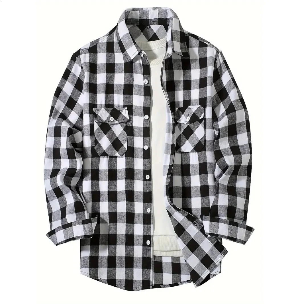 Mens Shirts Button-Up Classic Plaid Smart Casual Flannel Shirt Long Sleeved Chest Two Pockets Spring Autumn Men Tops 240924
