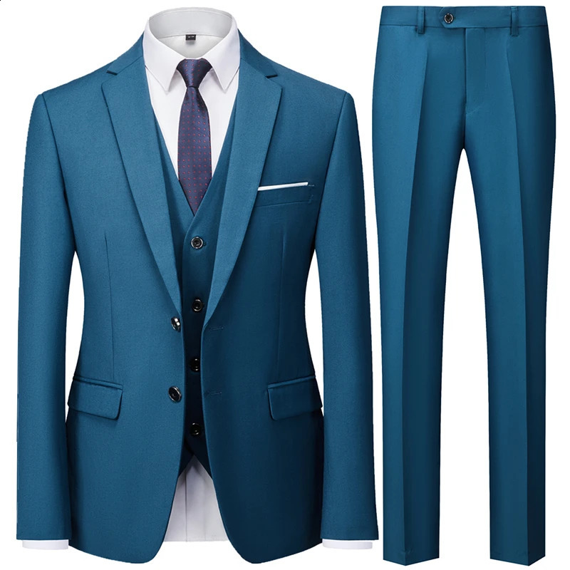 Fashion Mens Wedding Solid Color Casual Business Suit 3 Pieces Set Male Two Button Blazers Trousers Pants Vest Waistcoat 240923