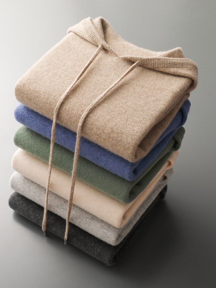 New Autumn Winter Men's Cashmere Hoodie Sweater 100% Merino Wool Hooded Pullover Large Size Knitwear Quality Soft Casual Jumpers