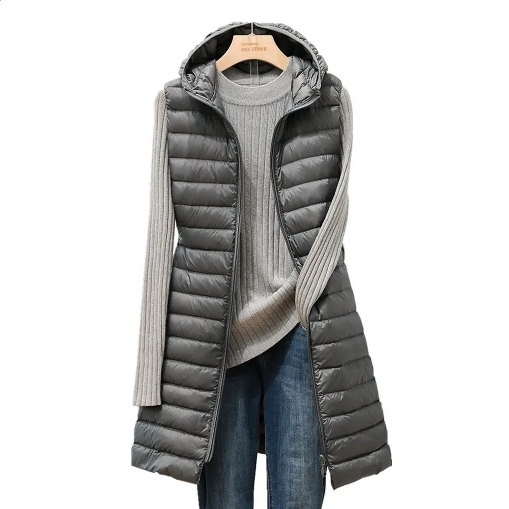 female autumn and winter medium long hooded light down padded jacket waistcoat cotton vest 240923