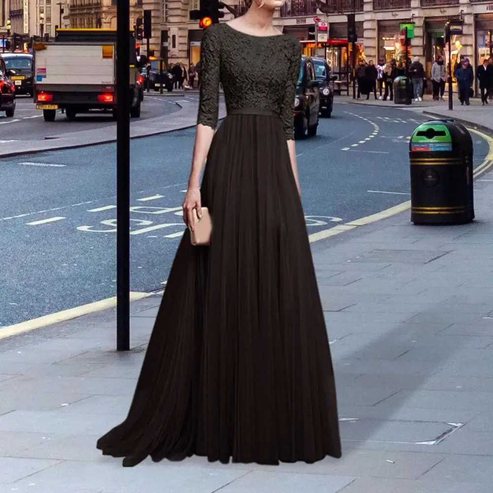 Womens Ball Dress Round Neck Lace Half Slip Tight Waist Floor Length Folded Womens Maxi Evening Dress CL240924