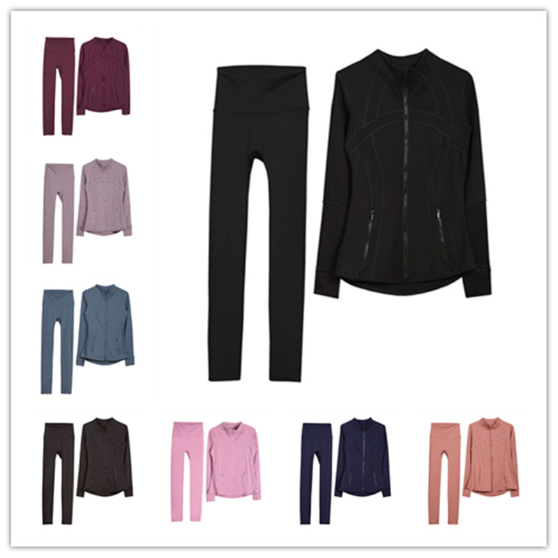 Sports yoga pants set with jacket suitable for outdoor fitness solid color slimming cycling yoga set