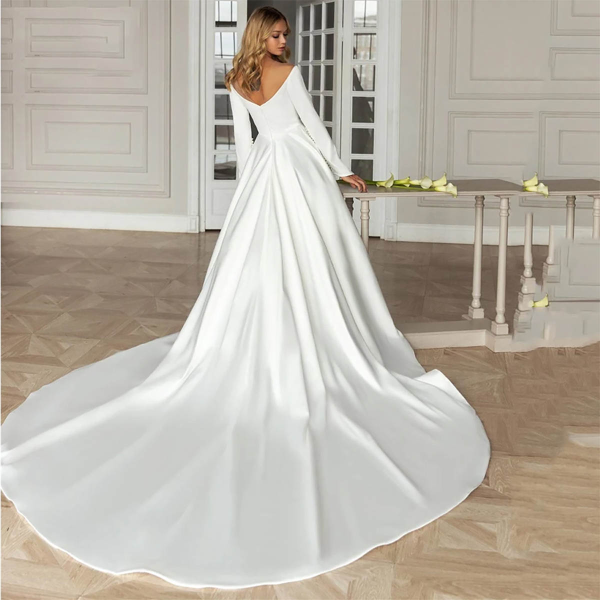 Simple A Line Wedding Dress O Neck Long Sleeve Bride Gowns Sweep Train Satin Bridal Dresses Custom Made High Quality