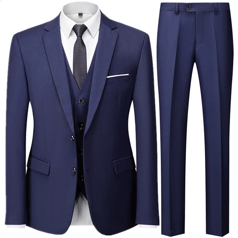 Fashion Mens Wedding Solid Color Casual Business Suit 3 Pieces Set Male Two Button Blazers Trousers Pants Vest Waistcoat 240923