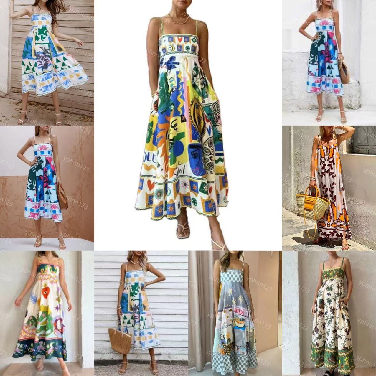 Basic Casual Dresses Elegant Print Colorful Long Dress Women High Waist Spaghetti Straps Backless Sexy Aline Ladies Summer Beach Vaction Robe