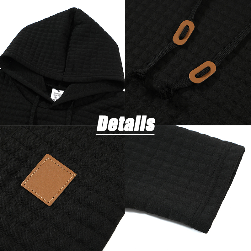 Men's Solid Plaid Jacquard Hoodies Long Sleeve Drawstring Hooded Sweatshirts Casual Waffle Knit Pullover Tops