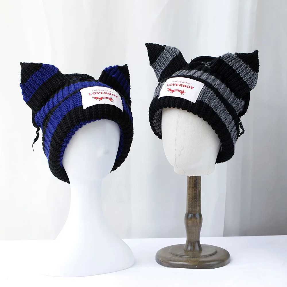 2024 New Cute Fashion Hoodie Lover Boy Ears Knitted Double Layer Warm Fox Ears Wool Hat Niche Design Hip Hop Personalized Cold Hat W240924
