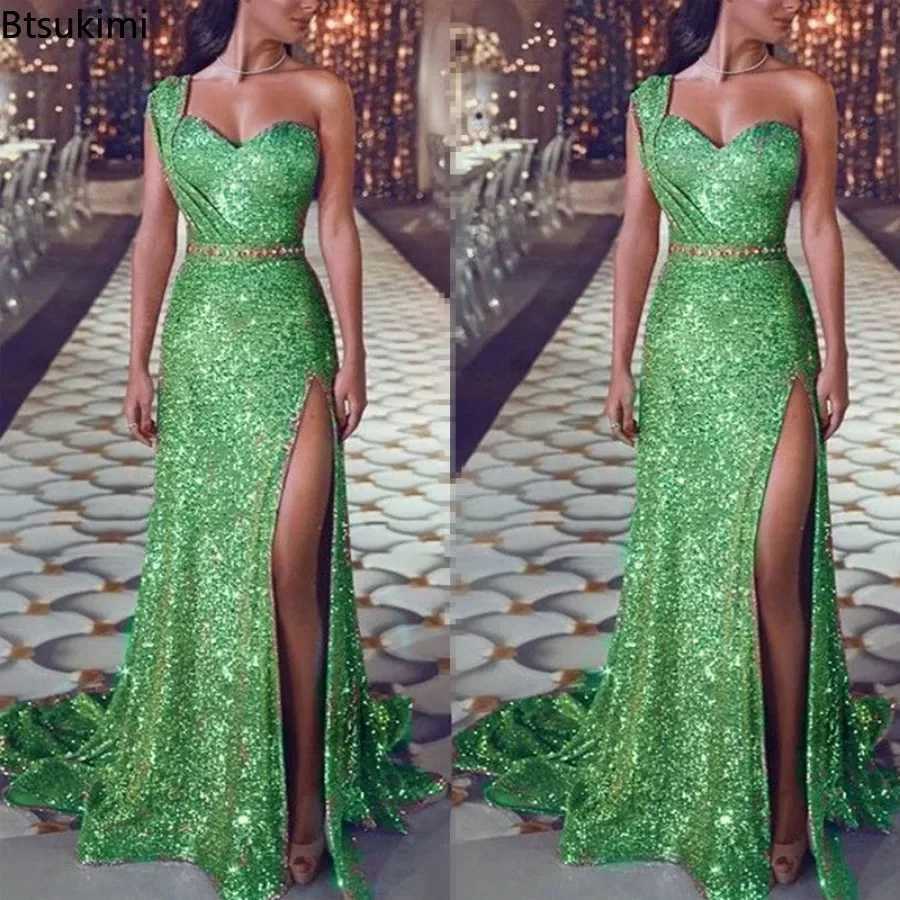 2024 Womens Wedding Party Dress Evening Dress Elegant and Sexy Dp V-neck Single Shoulder Strapless Sparkling Long Dress CL240924