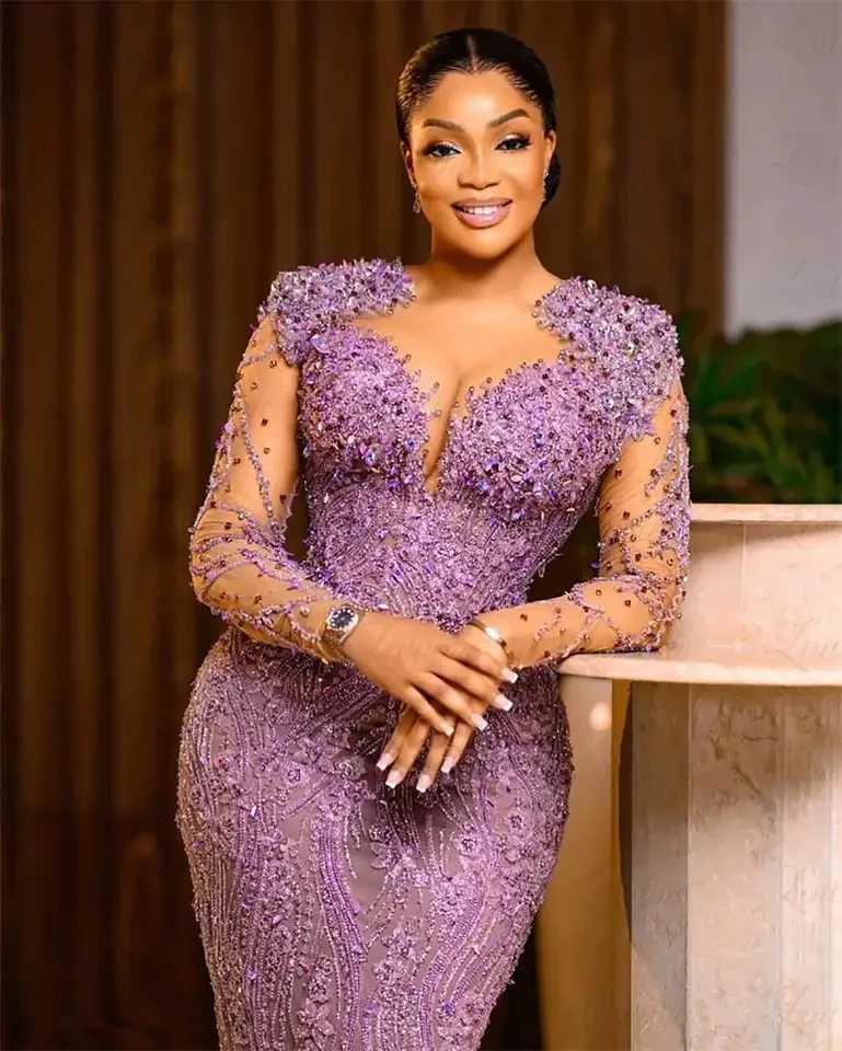 African plus size mermaid evening gown purple bead lace elegant ball gown Aso Ebi style long engagement party gown customization W240924