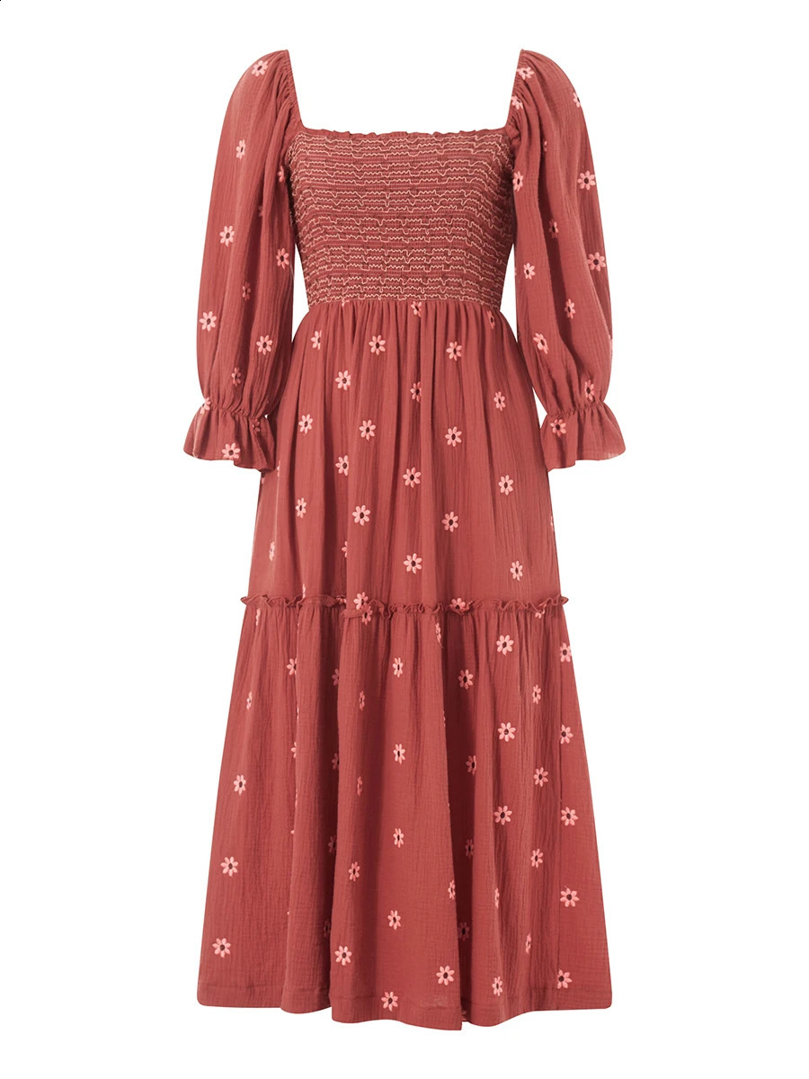 Beach Style Holiday Ruffle Swing A Line Maxi Dress Bohemian Floral Dres Lady Square Neck Long Sleeve Club Party 240923