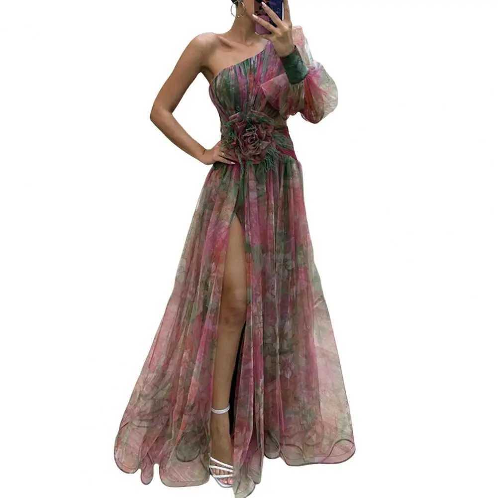 Formal Evening Dress Elegant One Shoulder Lace Dye Ball Dress Mesh Bubble Slves Split Hemp Womens Evening Dress CL240924