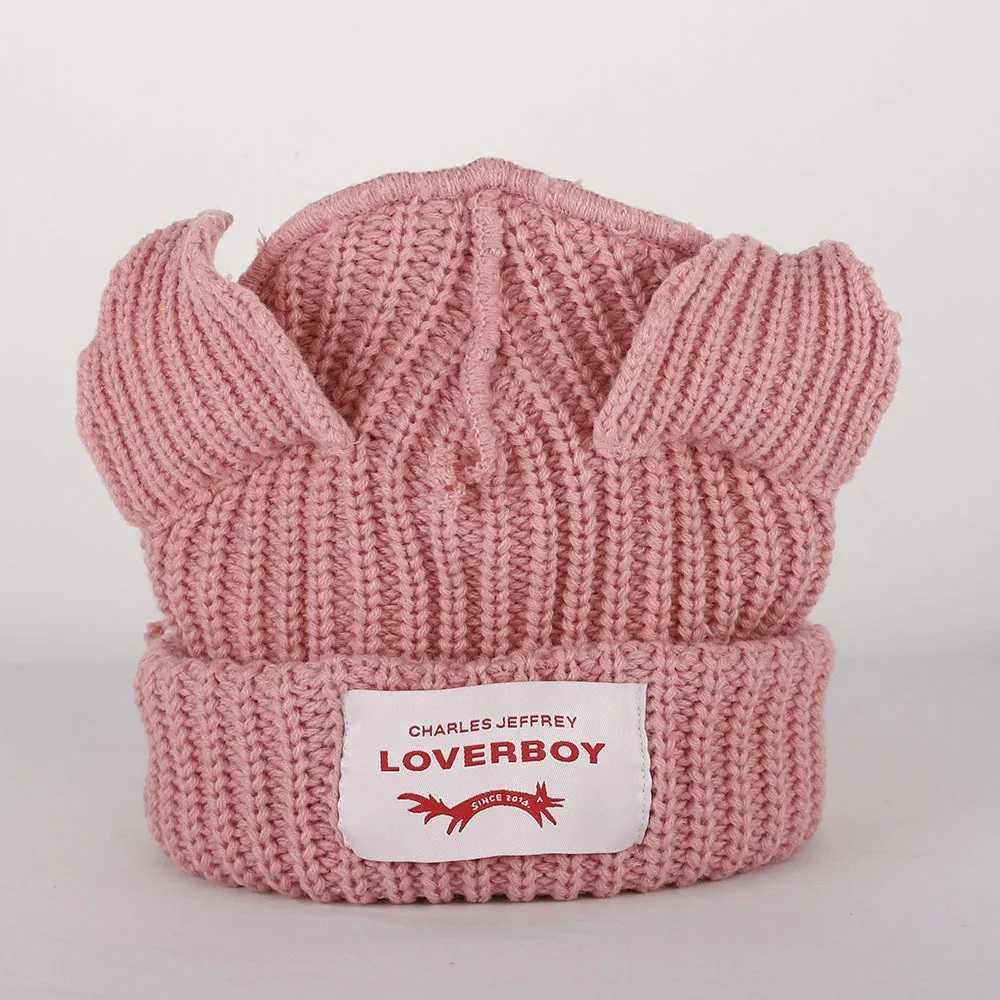 Cute double-layer Loverboy cat ear knitted hat warm hooded pig ear plush hat niche design thick warm hat unisex style W240924