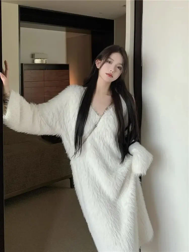 Womens Sweaters Loose Knit Long Sweater Solid White Sweaterdress Fall Winter Knitwear Dress Pullover Women Y2k Cloth Fairycore Korean 00s