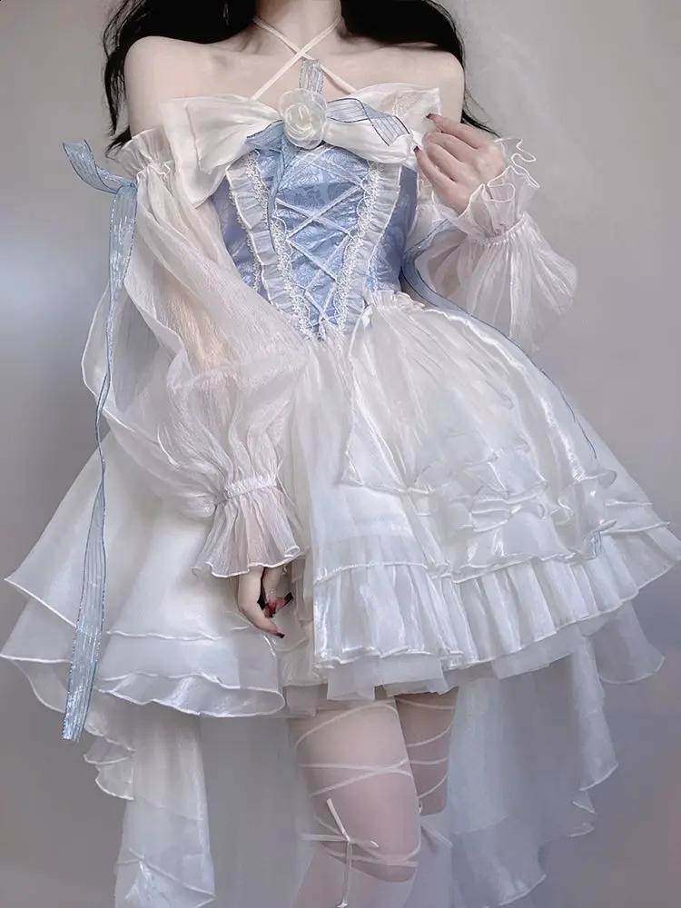 French Romantic Style Lolita Op Elegant Girl Role Playing Princess Puff Sleeves Ribbon Bow Flower Tune Network Dreamy Fairy Dress 240924