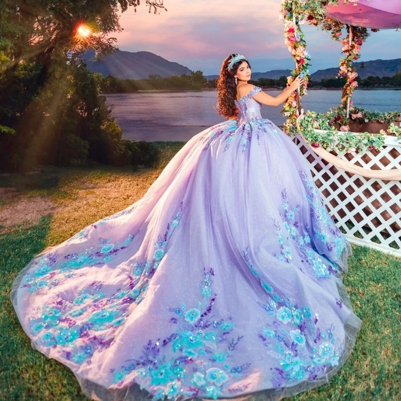 Lavender Shiny Quinceanera Dresses Sequin Lace Appliques Beading Tull Off the Shoulder Princess Ball Gown For Sweet 16 Vestidos De 15 Anos