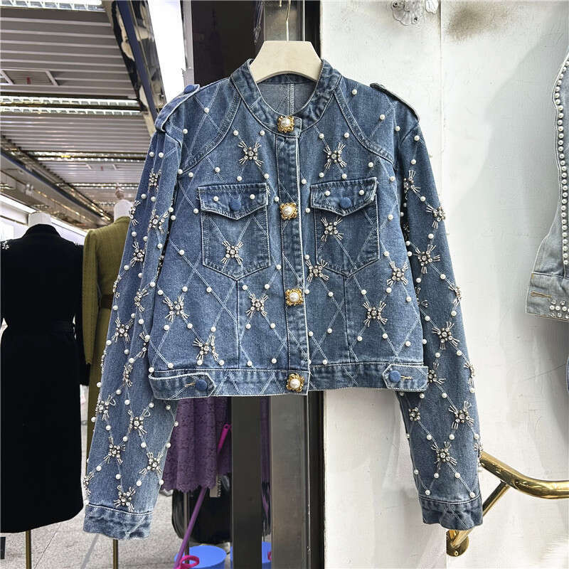 Fashion Beaded Dia Plaid Blue Short Denim Casual Round Neck Single-Breasted Long Sleeve Spring New Women Jeans Jacket