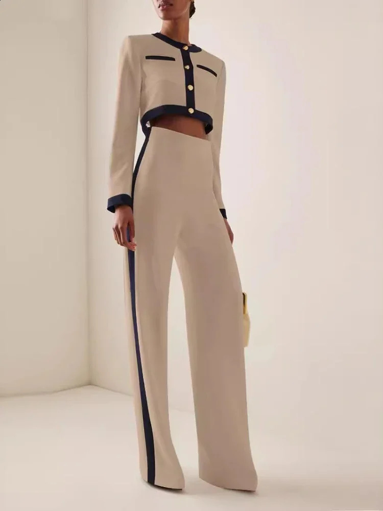 Fashion twopiece womens round neck long sleeved patchwork work single chest button top loose wide leg pants casual set autumn 240924