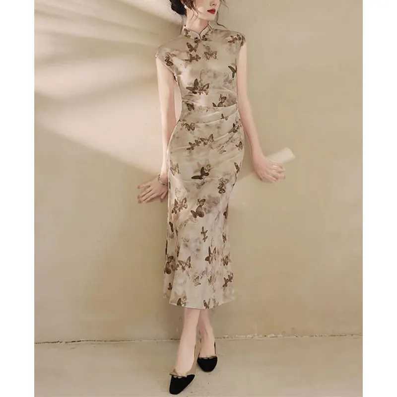 Womens Summer Fashion Simple Chinese Printed Cheongsam Fishtail Skirt Womens Elegant Warm Slim Fit Dress W240924