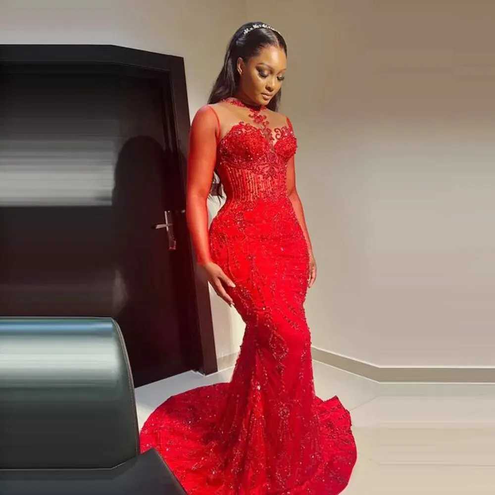 Red sexy ball dress for African women fantasy long sleeved lace mermaid evening dress Christmas and New Year party dress W240924