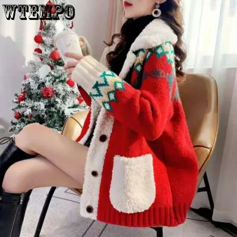 WTEMPO Womens Christmas Sweater Fur Notched Collar Warm Winter Autumn Coat Loose Button Under Knitted Womens Knitted Cardigan 240923
