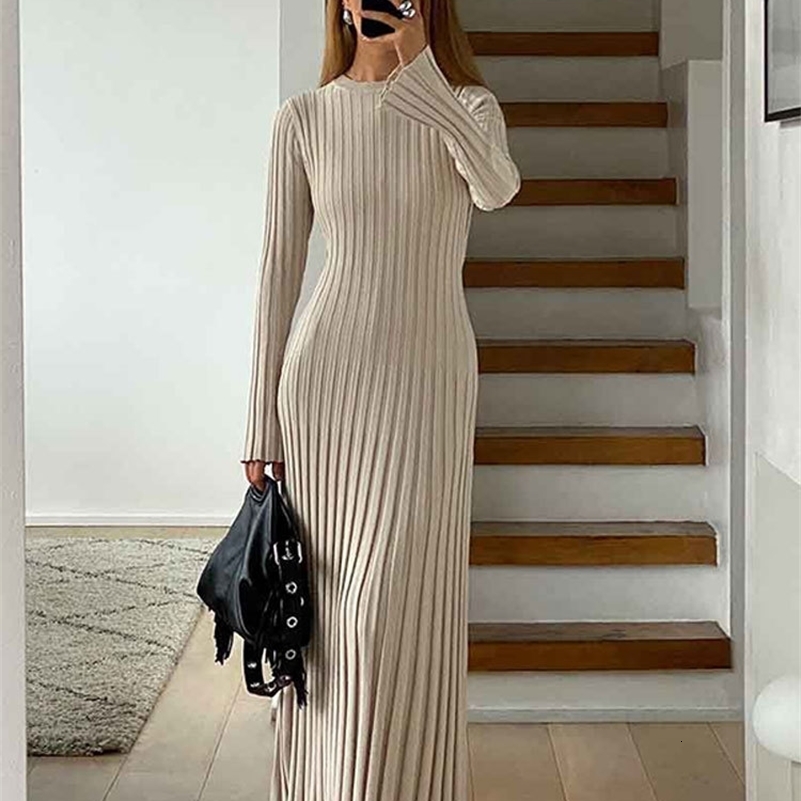Women Elegant Solid Pleated Knitted Maxi Dress Casual Round Neck Long Sleeve Lace Up Dresses 2024 Autumn Lady High Street Robes y240923