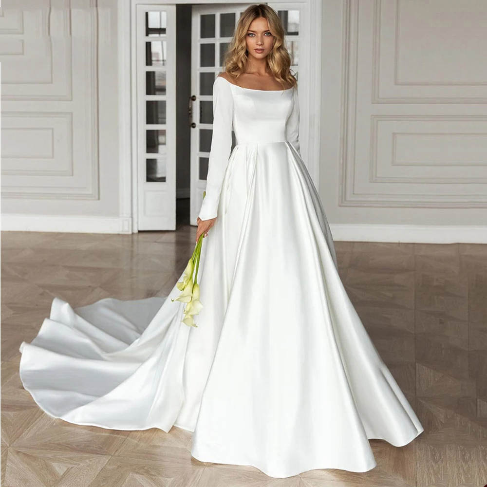 Simple A Line Wedding Dress O Neck Long Sleeve Bride Gowns Sweep Train Satin Bridal Dresses Custom Made High Quality