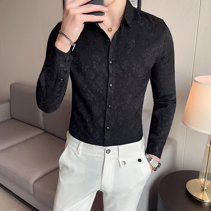 Vintage Jacquard Shirt Spring Long Sleeve Slim Fit Casual Tuxedo Fashion Man Wedding social Shirts Plus Size 4XL-M 240924