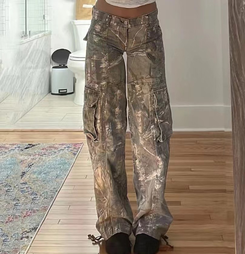 Womens Jeans Low Waisted Hip Hop Baggy Camouflage Cargo Pocket Pants Sweat Wide Legs Women Casual Camo Y2K Trousers Streetwear Autumn