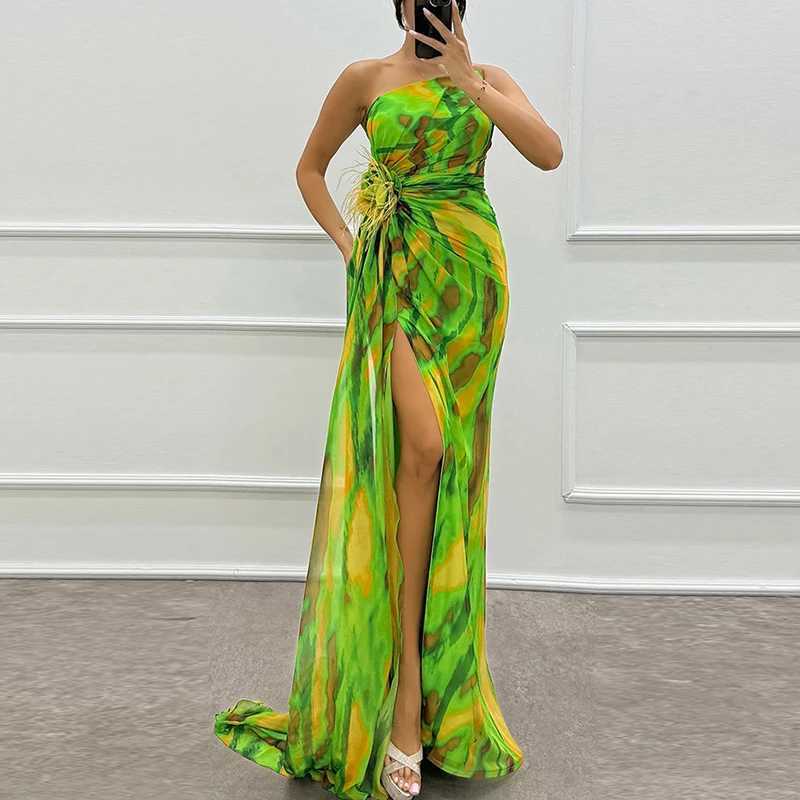 2024 Womens High Seam Chiffon Party Dress Elegant Tube Top Stainless Steel Evening Dress Cocktail Pattern Printing Formal Occasion Dress CL240924