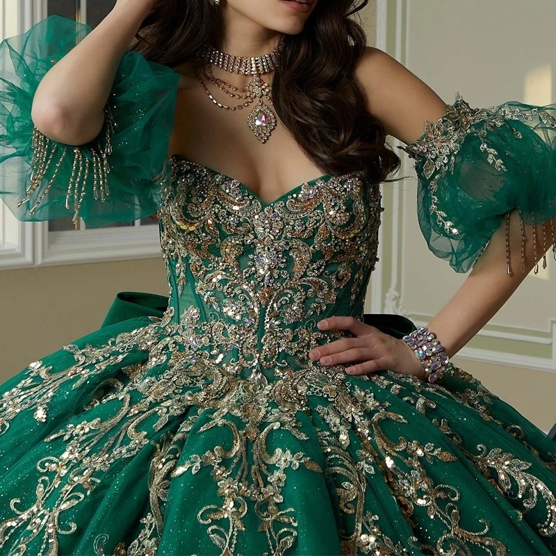 Emerald Green Shiny Quinceanera Dresses Ball Gown Off The Shoulder Gold Lace Applique Beads Tull Corset Sweet 16 Vestidos De 15 Anos