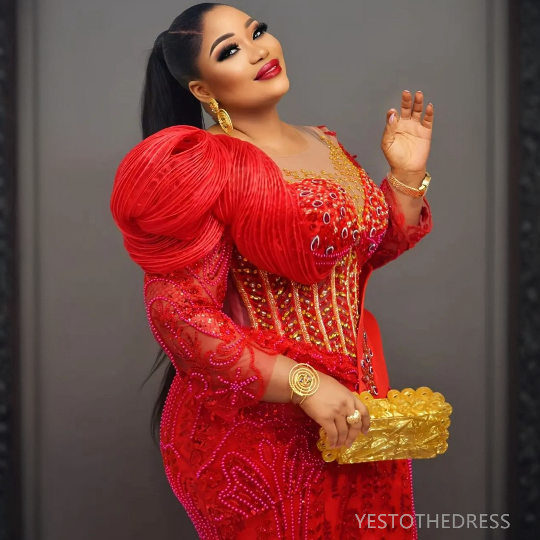 2024 Plus Size Red Prom Dress Evening Dresses Formal Gowns For Women Sheer Neck Long Sleeves Beaded Lace Rhinestones Birthday Dress Second Reception G