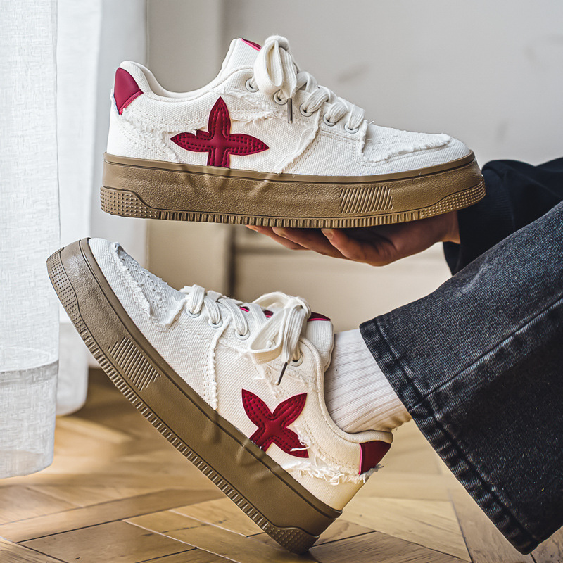 Men's Canvas Thick Sole Heightening Fashion Sneakers: Trendy Red Blue Print, Versatile Casual Shoes 1ec2