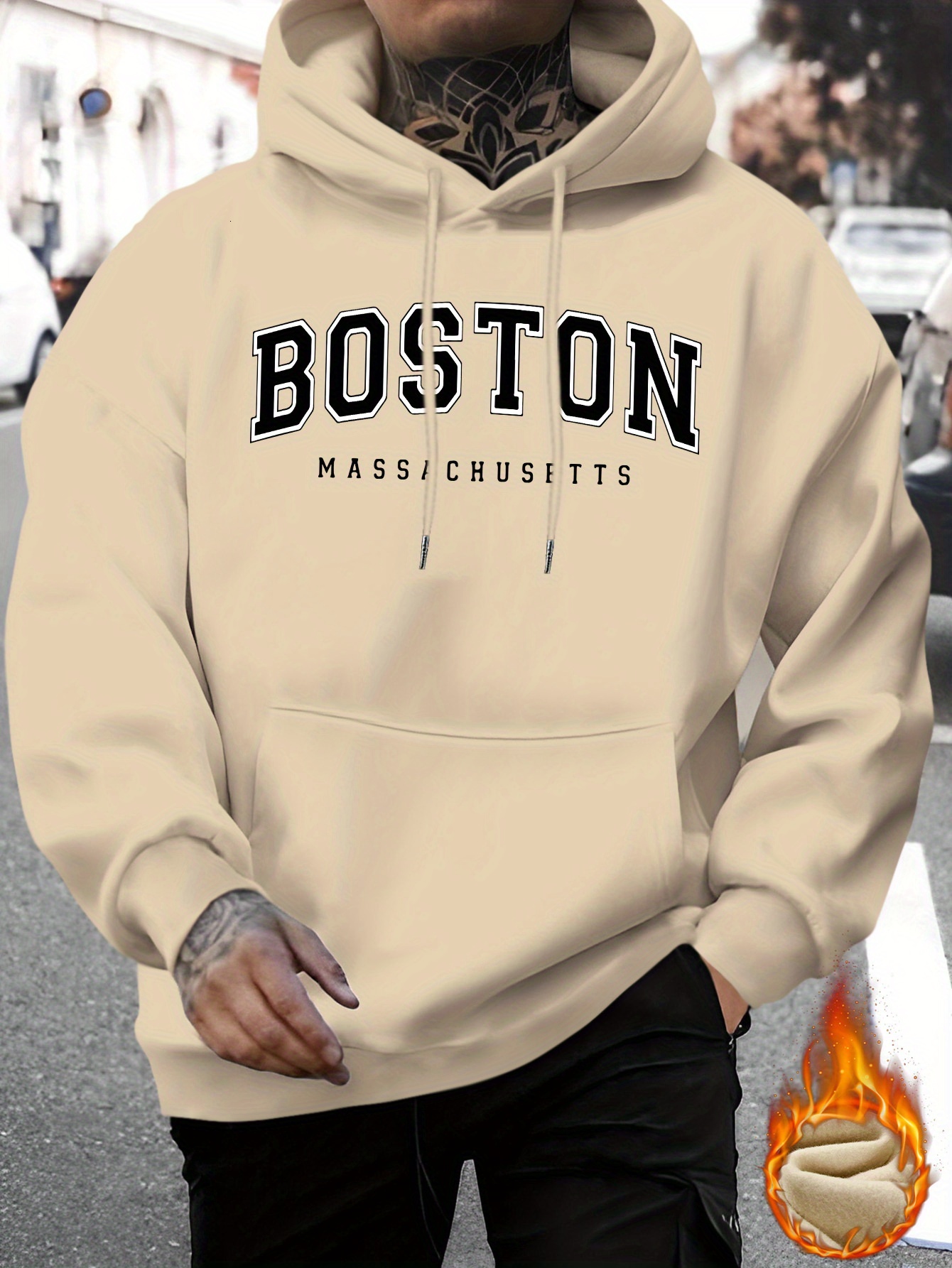 Boston Massachusetts Geometric Print Hoodie - Fall/Winter Casual Knit Polyester Hooded Sweatshirt with Regular Fit and Slight Stretch