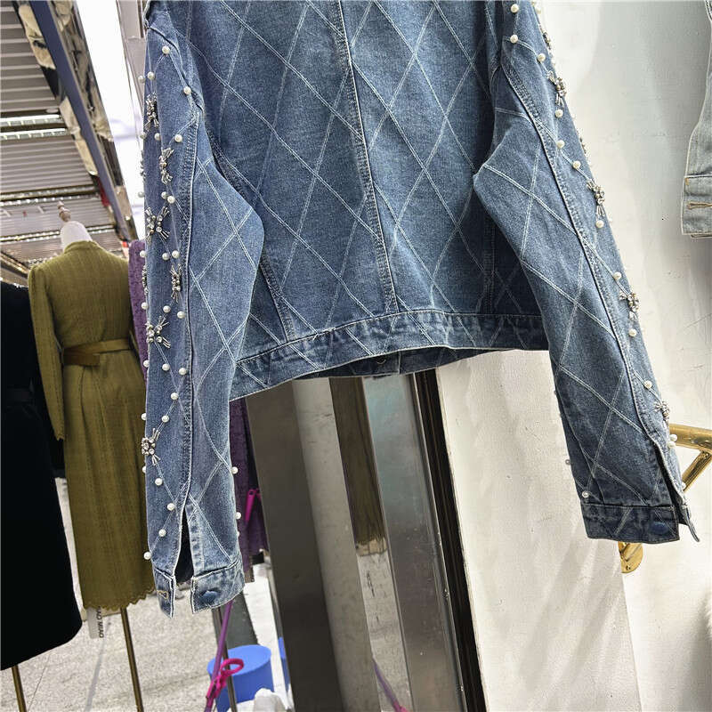 Fashion Beaded Dia Plaid Blue Short Denim Casual Round Neck Single-Breasted Long Sleeve Spring New Women Jeans Jacket