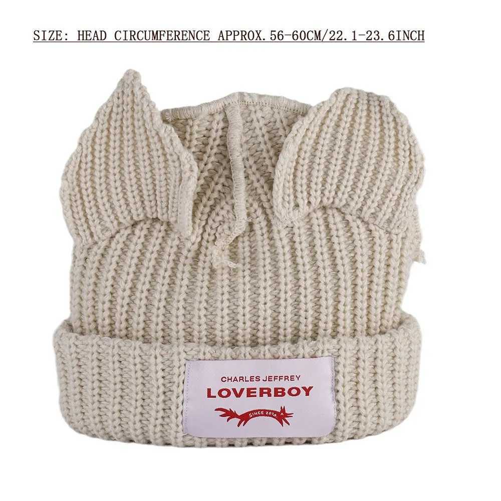 Cute double-layer Loverboy cat ear knitted hat warm hooded pig ear plush hat niche design thick warm hat unisex style W240924