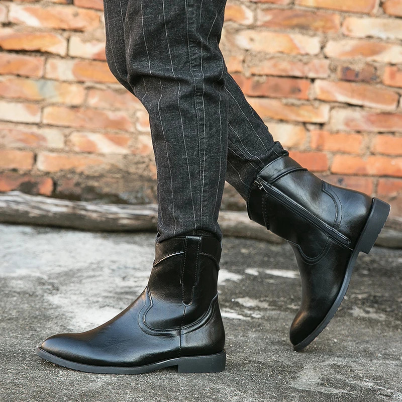 Western Style Cowboy Boot Knight Pointy Leather Men Boots Casual Classic Retro Zipper soft comfortable Size 38-48 240921