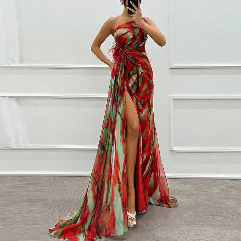 2024 Womens High Seam Chiffon Party Dress Elegant Tube Top Stainless Steel Evening Dress Cocktail Pattern Printing Formal Occasion Dress CL240924