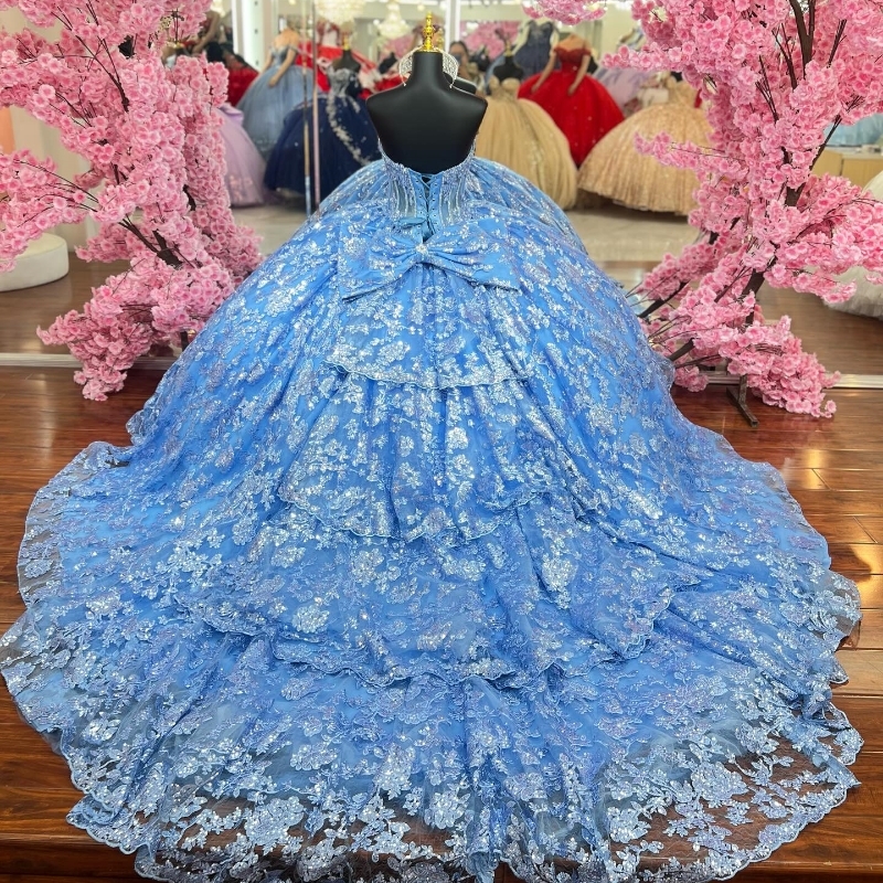 Luxury Sky Blue Ball Gown Quinceanera Dresses Sequin Applique Lace Beaded Tull Off Shoulder Sweet 16 Dress Lace-up Vestidos De 15 Anos