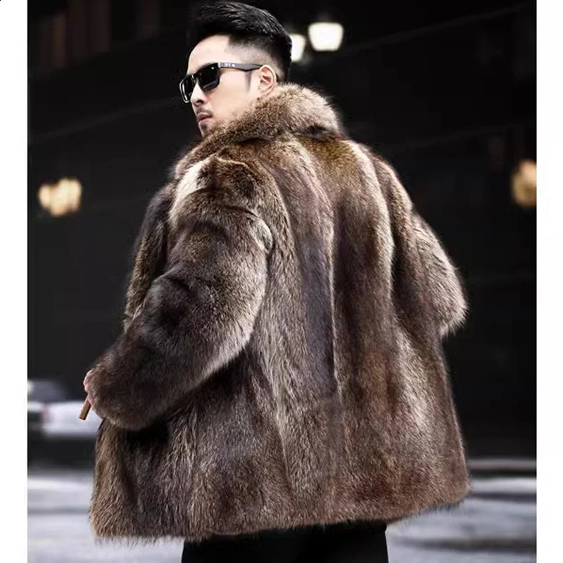 Mens autumn and winter thick Maxi faux fox fur coat jacket long sleeved warm fur black park Bontjas fur furry coat 240924CJ