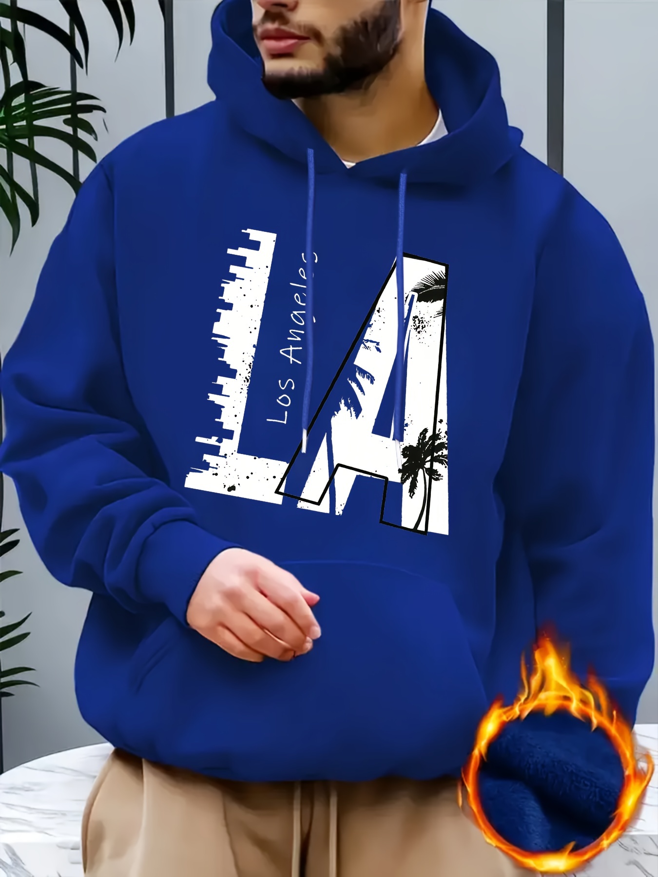 Men's LA Print Casual Hoodie - Fashionable Drawstring Pullover with Kangaroo Pocket, Comfortable Polyester Blend for Fall/Winter