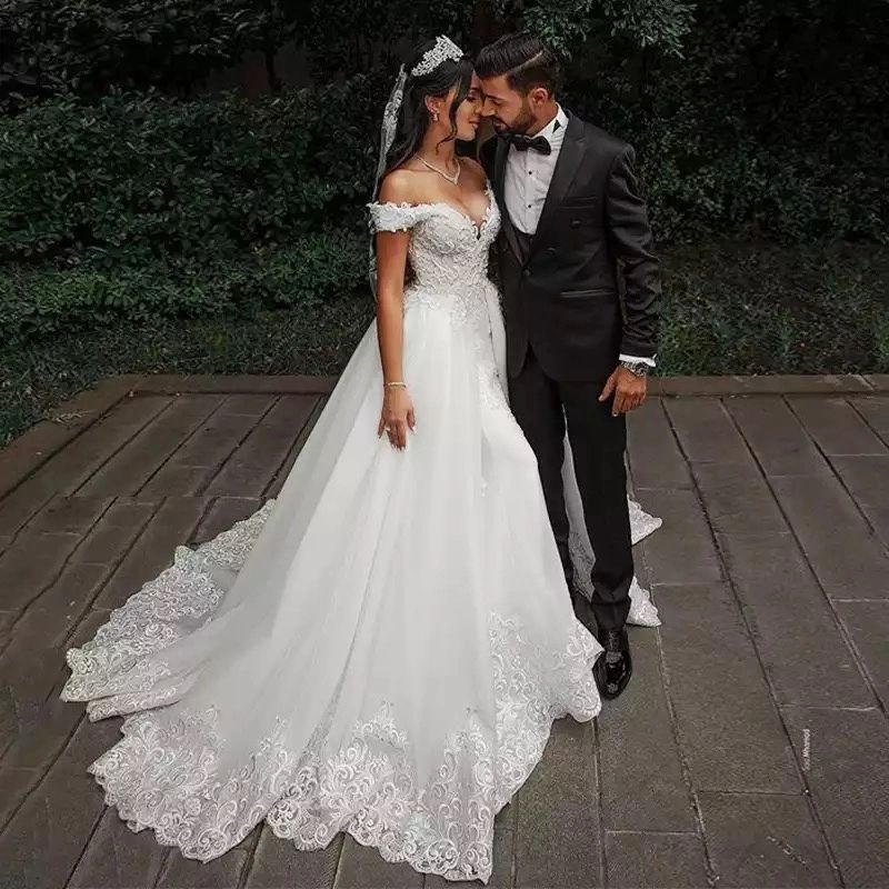 Arabic Plus Size Off Shoulder Mermaid Wedding Dress Appliques Lace Detachable Stunning Aso Ebi Bridal Gowns 2024 Custom made