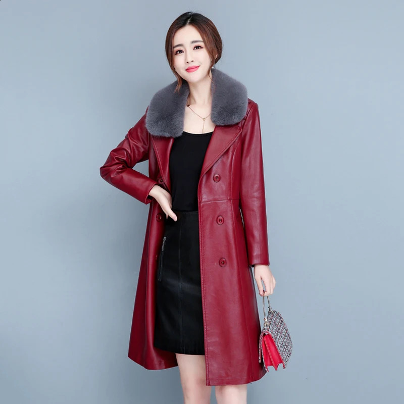 M-7XL Womens Sheepskin Coat for Spring Autumn and Winter Fashion Fur Collar Warm Ultra Thin Long Sheepskin Coat for Women 240923