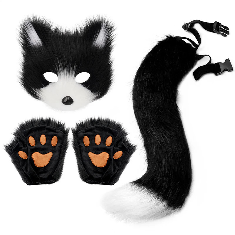 3 piecesset Halloween Carnival costume animal tail fox mask gloves animation exhibition roleplaying outdoor party 240923