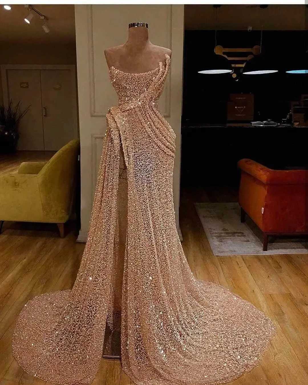 2024 New Pink Sparkling Mermaid Evening Dress Champagne sequins Side Split Lace Formal Party Dress Customized Long Ball Dress W240924