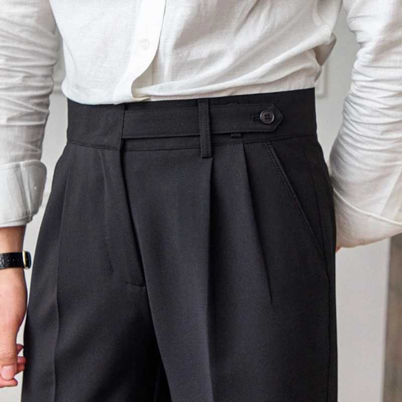 Old Money Aesthetic Mens Suit Trousers Stylish Belt Buttoned High-waisted Pants Men Fall Vintage Solid Color Slim Straight Pants Z240924
