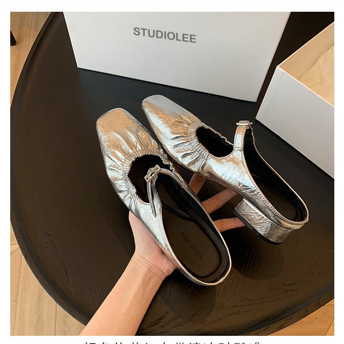 Women's Shoes Elegant Women's Ankle Strap Leather Slides with Diamond Embellishments and Wrinkle Pattern Cowhide