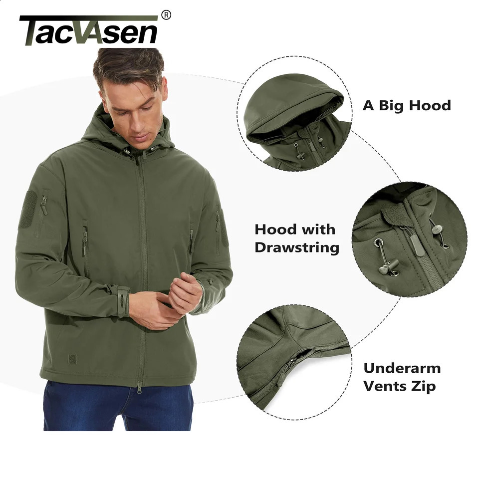 TACVASEN Winter Waterproof Fleece Lined Jackets Mens Safari Softshell Jackets Outdoor Hooded Coats Windproof Warm Windbreaker 240912